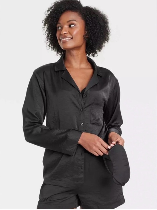 Auden Other - Auden Womens Black‎ Satin Pajama Set Long Sleeve Button Up Top and Shorts Size M